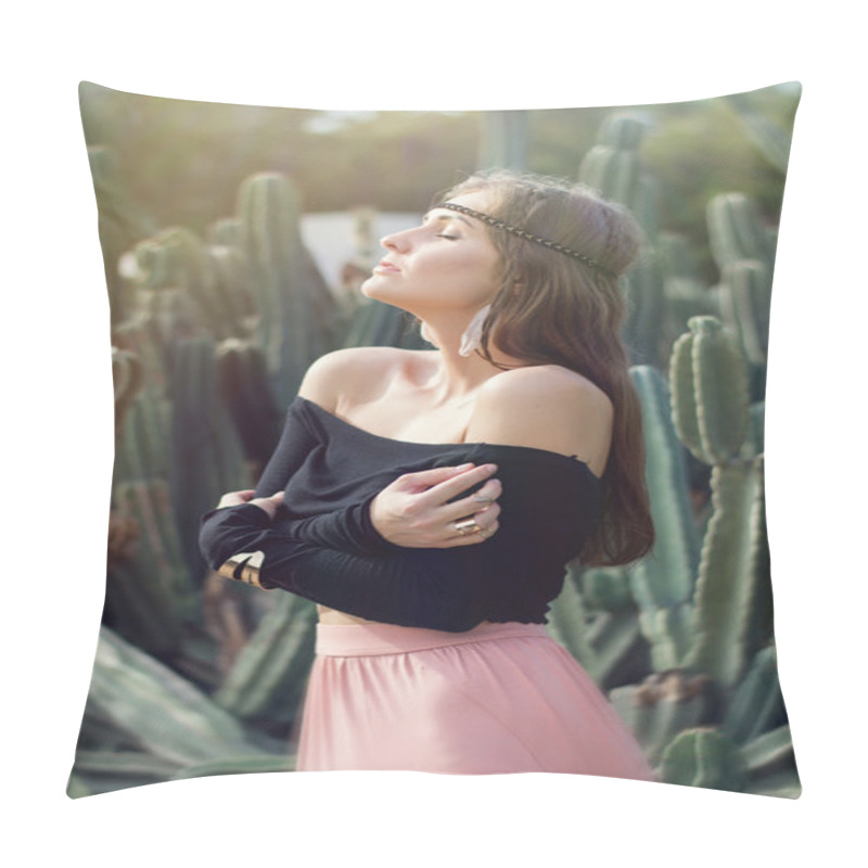 Personality  Portrait Of A Young Female Dressed Like A Hippie Near Big Cactus Pillow Covers