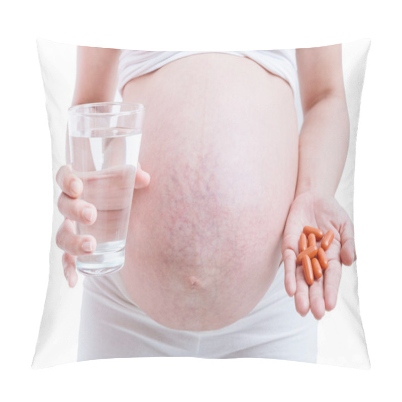 Personality  Pregnant Woman Taking Medicines On White Background. Pillow Covers