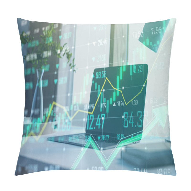 Personality  Close Up Of Office Desk With Laptop And Growing Green Forex Chart And Arrows On Blurry Background. Index, Finance And Market Growth Concept. Double Exposure Pillow Covers