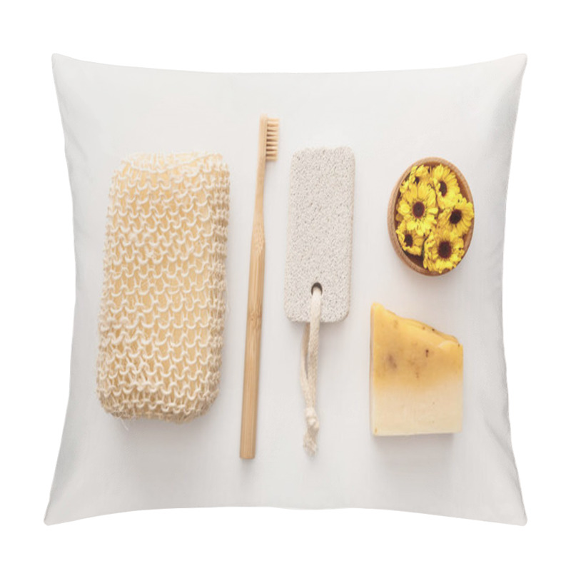 Personality  Flat Lay With Bath Sponge Near Toothbrush, Piece Of Soap, Pumice Stone And Cup With Flowers On White Background Pillow Covers