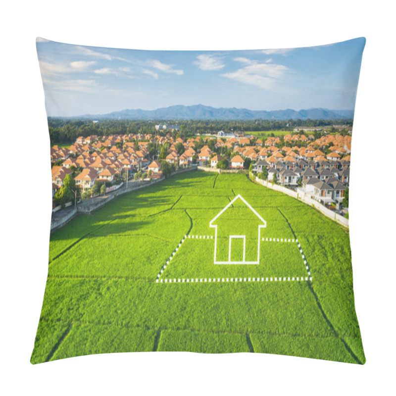 Personality  Land Or Landscape Of Green Field In Aerial View. Include Agriculture Farm, Icon Of Residential, Home Or House Building. Real Estate Or Property For Dream Concept To Build, Construction, Sale And Buy. Pillow Covers