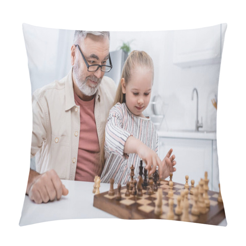 Personality  Senior Man In Eyeglasses Smiling Near Granddaughter Playing Chess Pillow Covers