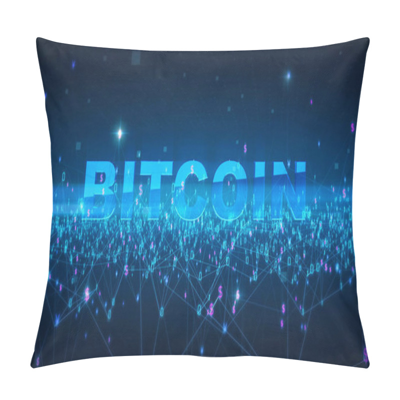 Personality  Word Bitcoin Fintech Technology And Blockchain Network Concept , Distributed Ledger Technology, Distributed Connection Atom With Binary Digits And Currency Symbols And Text Blue Background 3d Renderin Pillow Covers