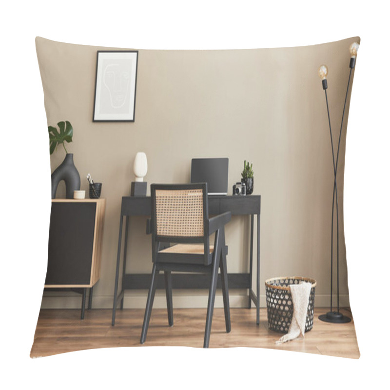 Personality  Fancy Interior Design Of Home Office Space With Stylish Chair, Desk, Commode, Black Mock Up Poster Frame, Lapatop, Book, Desk Organizer And Elegant Presonal Accessories In Home Decor. Template.  Pillow Covers