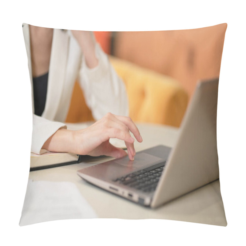 Personality  On Face Visible Business Woman In White Jacket Or Suit At The Desk Working On Laptop And Making Notes. Model Female Posing In Business Suit In The Office. Business Concept. Pillow Covers