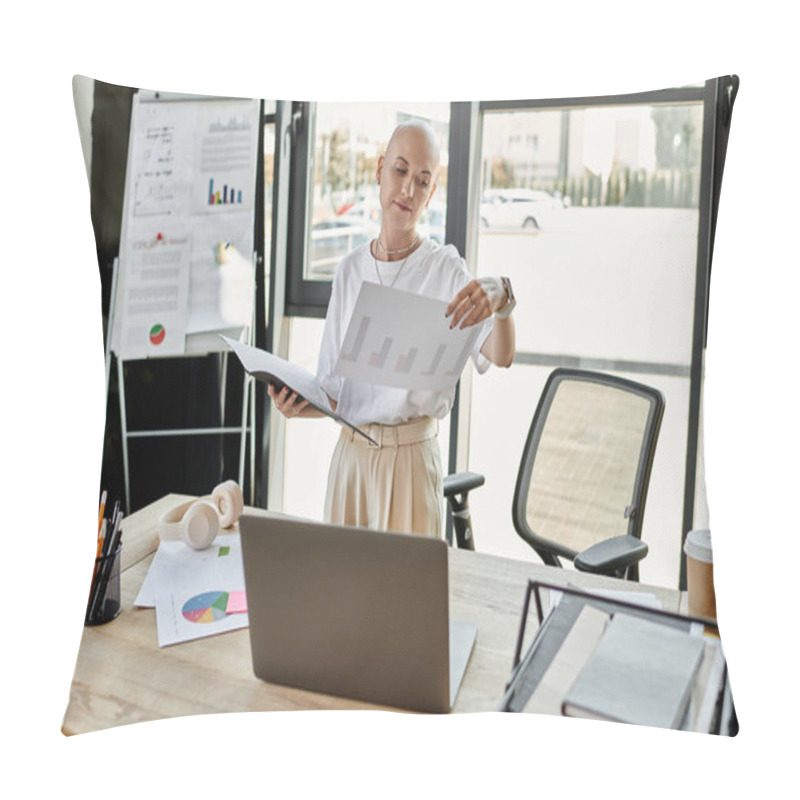 Personality  In An Elegant Office, A Young Bald Woman Analyzes Reports, Surrounded By Charts And Papers. Pillow Covers