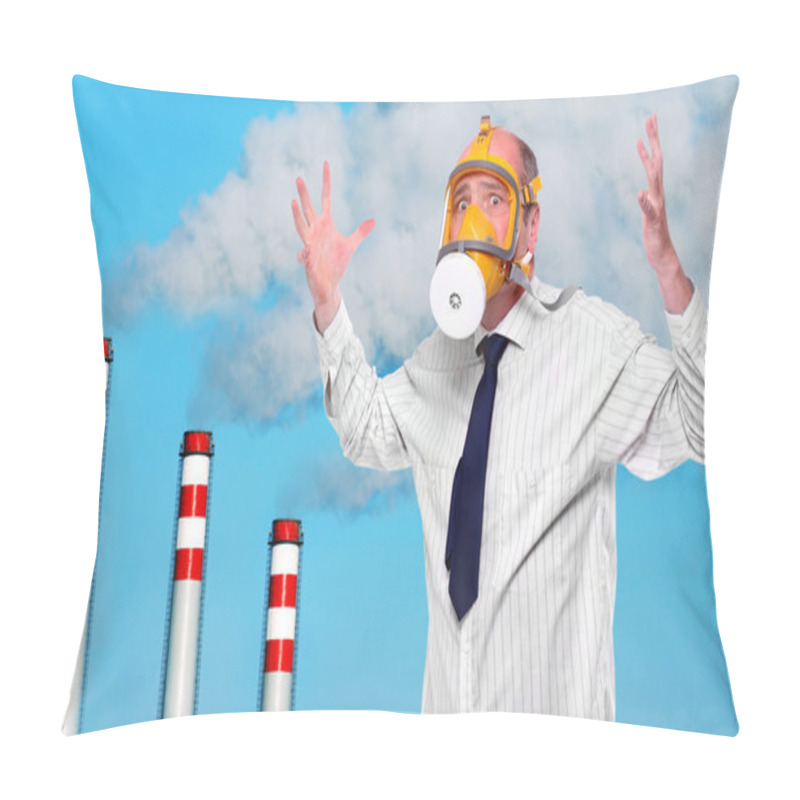 Personality  Frustrated Man In Gas Mask Above Smoke Contaminated Sky. Ecology Concept. Pillow Covers