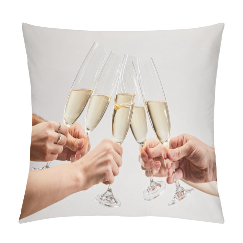 Personality  Cropped View Of Men And Women Clinking Champagne Glasses With Sparkling Wine Isolated On Grey  Pillow Covers