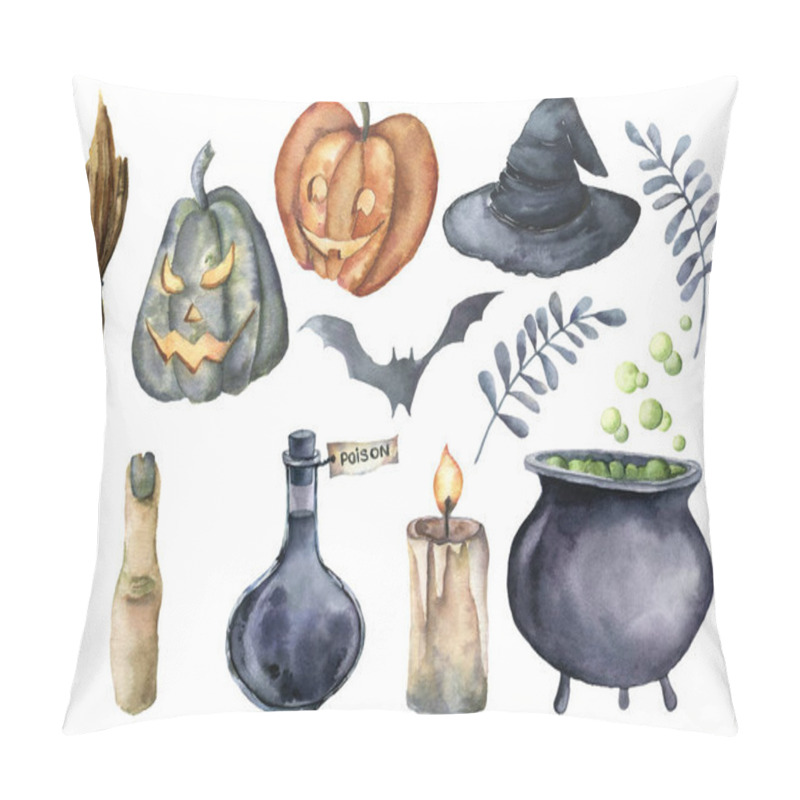 Personality  Watercolor Helloween Magic Set. Hand Painted Bottle Of Poison, Cauldron With Potion, Broom, Candle, Finger, Witch Hat And Floral Branch Isolated On White Background. Holiday Illustration For Design. Pillow Covers