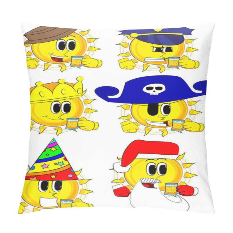 Personality  Cartoon Sun Drinking Beer. Collection With Costume. Expressions Vector Set. Pillow Covers