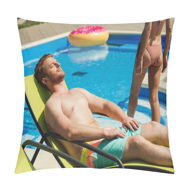 Personality  Handsome Young Man Tanning On Sun Lounger While His Girlfriend Going Into Swimming Pool Pillow Covers