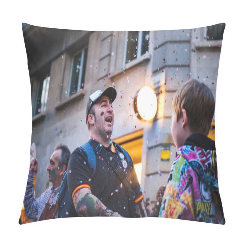 Personality  The Image Shows A Lively Scene With Three People Engaging In An Activity That Involves Throwing Small, Colorful Objects That Look Like Confetti Into The Air. The Setting Appears To Be Outdoors Pillow Covers