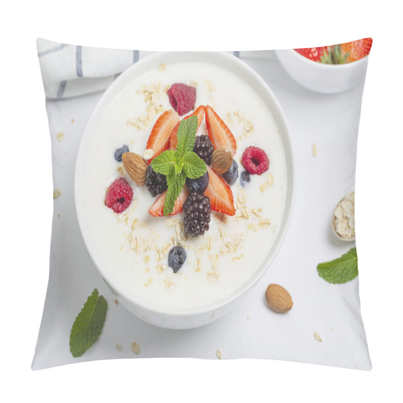 Personality  Yogurt With Granola, Fresh Strawberries, Raspberry, Blueberries, Blackberries, Almonds And Mint. Healthy Snack. Breakfast Food.  Pillow Covers