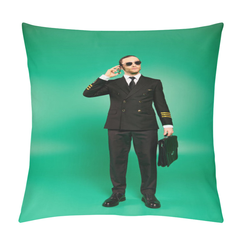 Personality  Handsome Pilot In Black Suit And Sunglasses Having A Phone Conversation. Pillow Covers