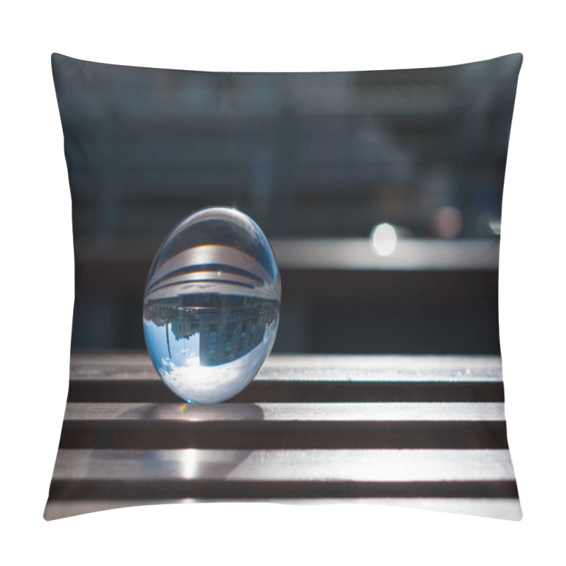 Personality  Glass Transparent Ball On Wooden Slats Background. With Empty Space Pillow Covers