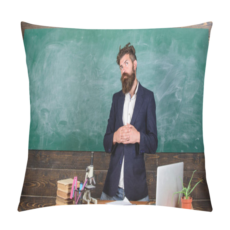 Personality  Teacher Bearded Man Tell Interesting Story. Teacher Interesting Interlocutor Best Friend. Teacher Charismatic Hipster Stand Near Table Classroom Chalkboard Background. Talking To Students Or Pupils Pillow Covers