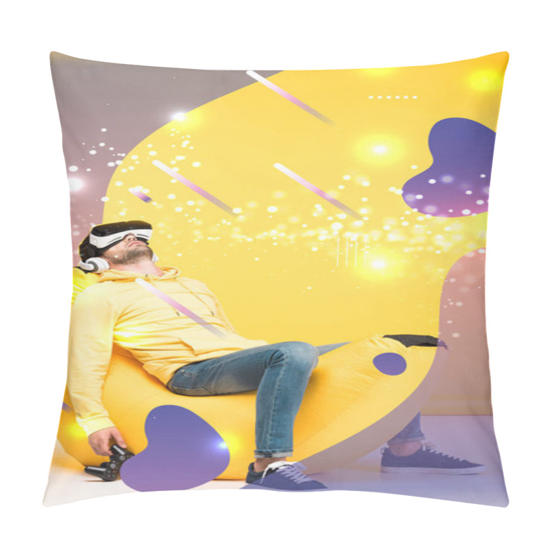 Personality  KYIV, UKRAINE - APRIL 12: Man Sleeping On Bean Bag Chair With Joystick In Virtual Reality Headset On Yellow With Fantasy Cyber Illustration Pillow Covers