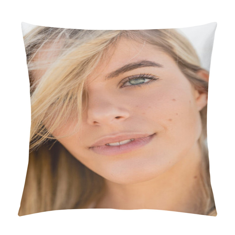 Personality  A Young, Beautiful Blonde Woman On Miami Beach Showcasing Her Long, Flowing Hair Under The Bright Sunlight. Pillow Covers