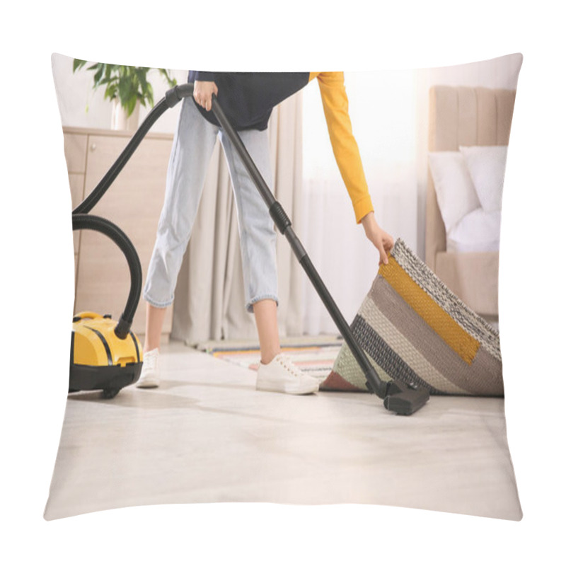 Personality  Young Woman Using Vacuum Cleaner At Home, Closeup Pillow Covers