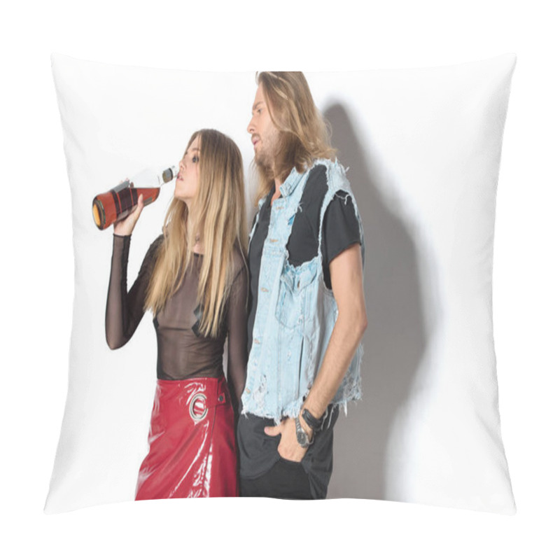 Personality  Stylish Young Addicted Couple With Drinking Rum On White Pillow Covers