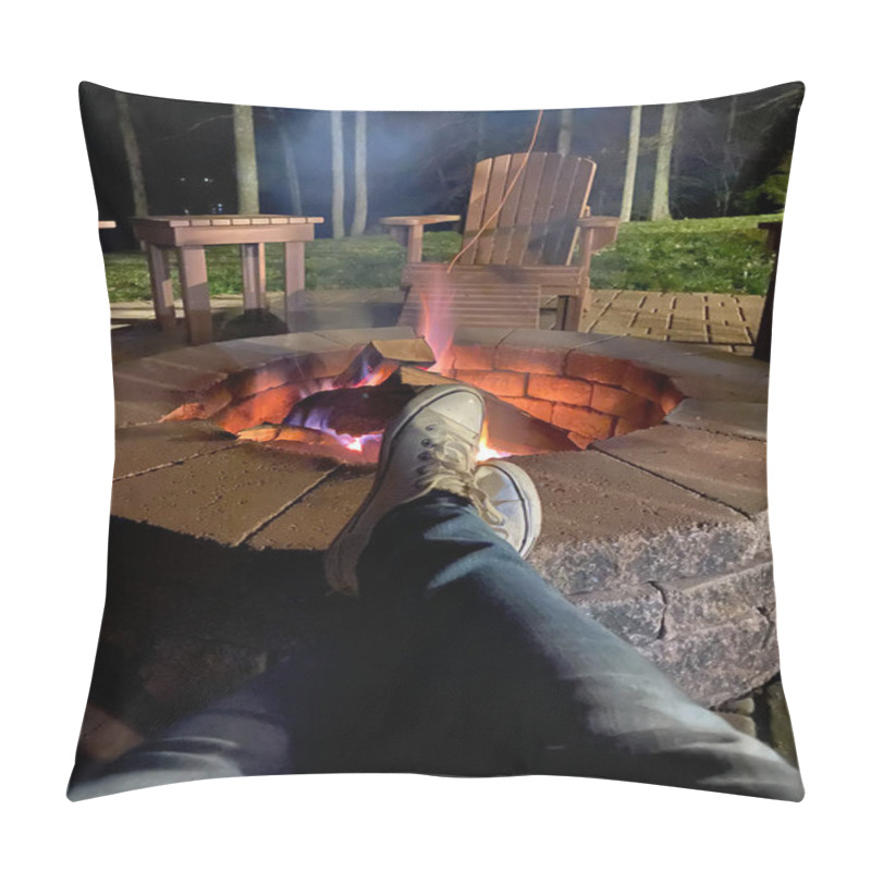 Personality  A Serene Nighttime Scene Featuring Feet Propped Up In Front Of A Warm, Inviting Fire Pit, Surrounded By Wooden Patio Chairs And Trees. Pillow Covers