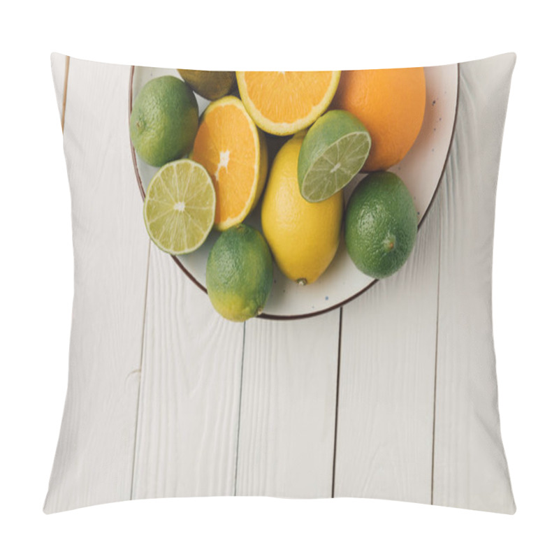 Personality  Citrus Fruits On Plate On White Wooden Background Pillow Covers