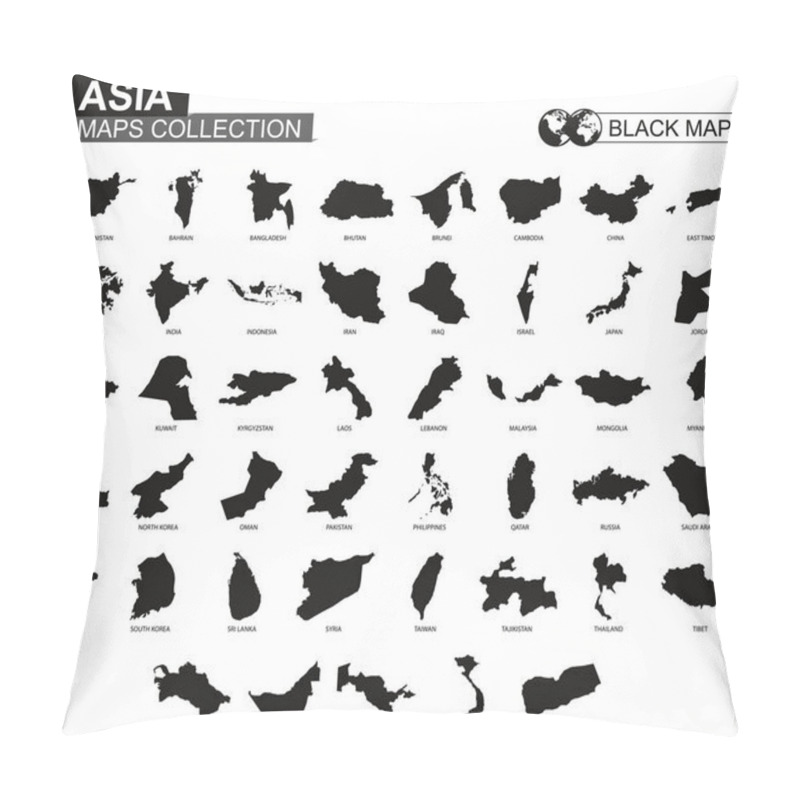 Personality  Maps Collection Countries Of Asia, Black Contour Maps Of Asia. Vector Set. Pillow Covers