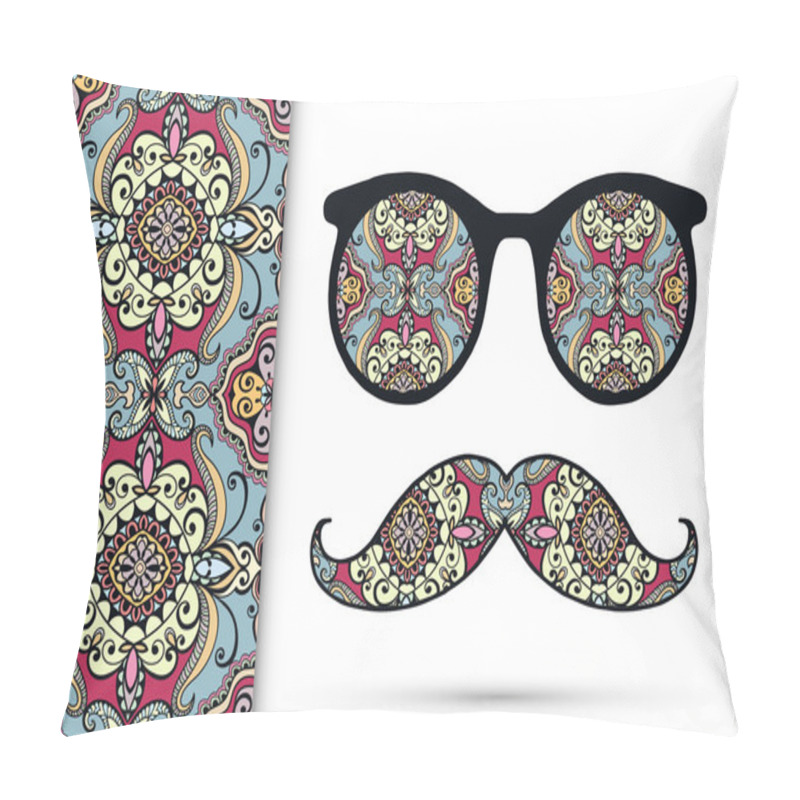 Personality  Vector Ornate Retro Sunglasses Mustaches And Seamless Floral Geometric Pattern, Hipster Fashion Illustration Pillow Covers