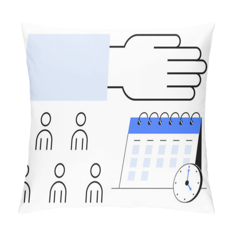 Personality  Hand Blue Box Five Group Members, Calendar With Blue Top And Clock. Ideal For Time Management, Scheduling, Teamwork, Responsibility, Deadlines, Organization, Planning. Line Metaphor Pillow Covers