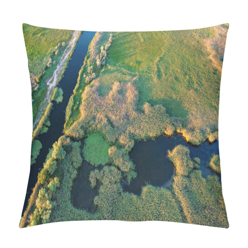 Personality  Sunlight Dances On Vibrant Green Wetlands Where Rivers Meander Peacefully. This Tranquil Landscape Captures The Essence Of Nature S Beauty In The Soft Glow Of Dusk. Aerial Photo. Pillow Covers