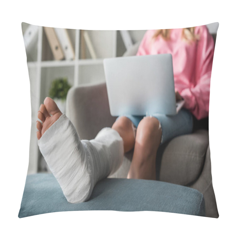 Personality  Cropped View Of Injured Woman Working From Home With Laptop  Pillow Covers