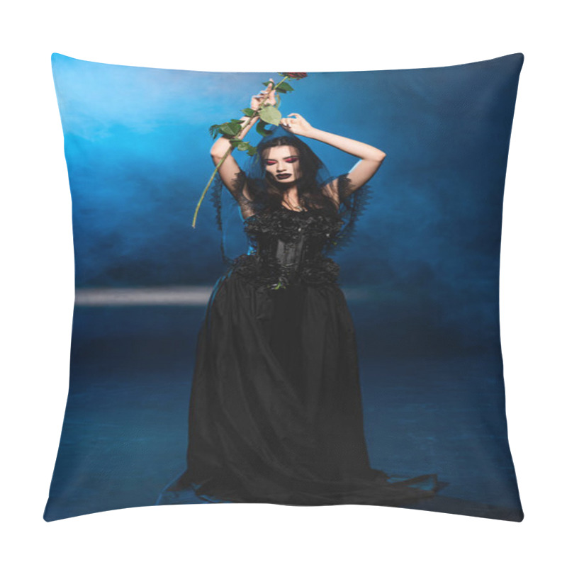 Personality  Bride In Black Dress And Veil Holding Red Rose Above Head On Blue With Smoke, Halloween Concept Pillow Covers