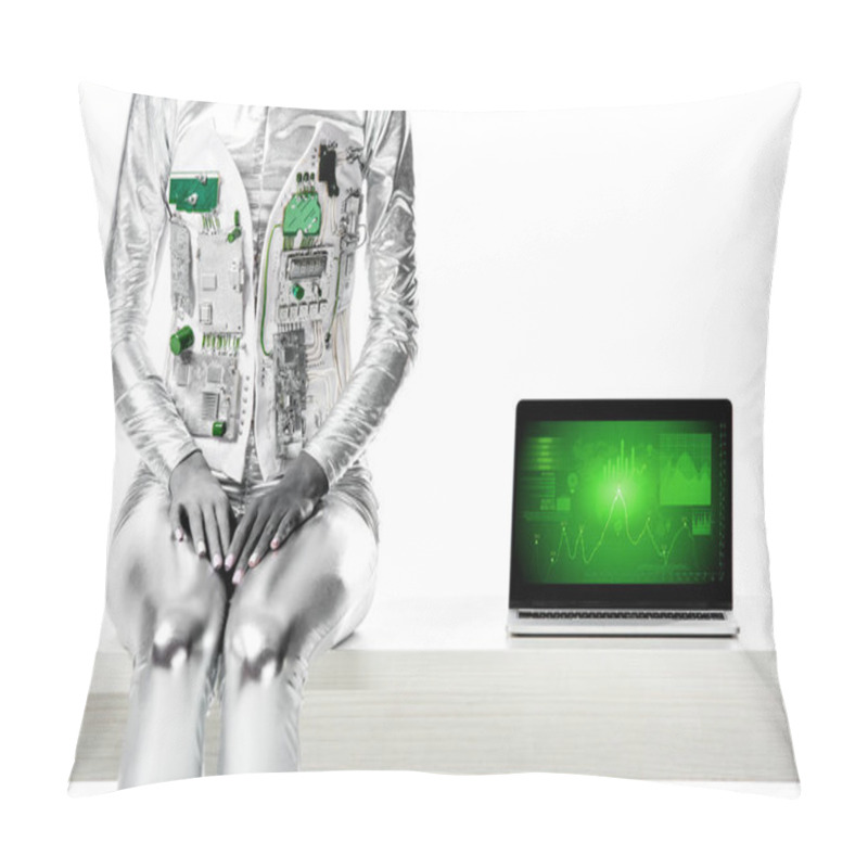 Personality  Cropped Image Of Robot Sitting On Table Near Laptop With Business Appliance Isolated On White, Future Technology Concept Pillow Covers