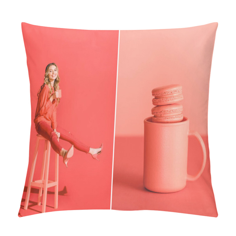 Personality  Collage With Macaroons In Cup And Smiling Girl With Coffee On Living Coral. Pantone Color Of The Year 2019 Concept  Pillow Covers