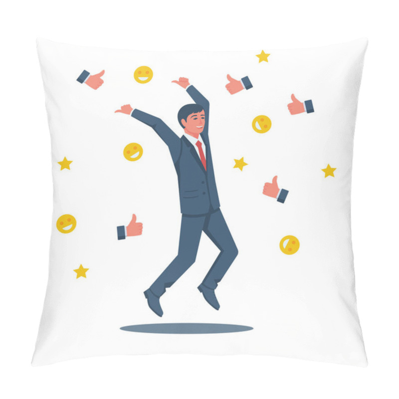 Personality  Happy Businessman Is Surrounded By Likes Emoticons And Stars Pillow Covers