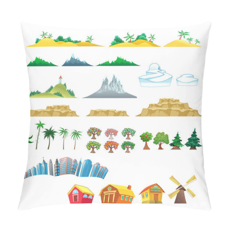 Personality  Set Of Trees, Mountains, Hills, Islands And Buildings. Pillow Covers