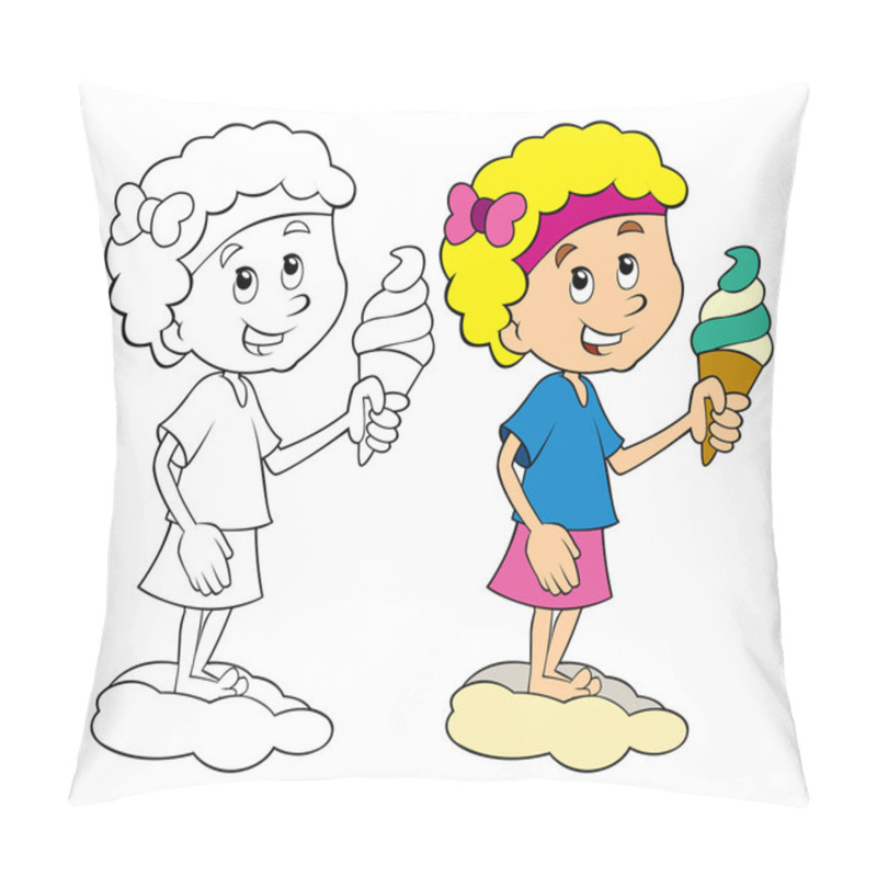 Personality  Cartoon Kid Having Fun Eating Ice Cream - Standing In Sand - Isolated - With Coloring Page Pillow Covers