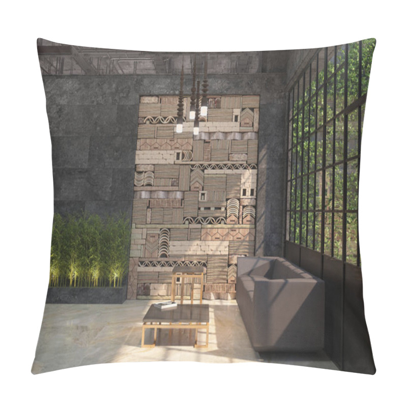 Personality  Design Of An Interior Of An Office Hall With A Corner For Rest. Loft Style. 3D Visualization. Pillow Covers