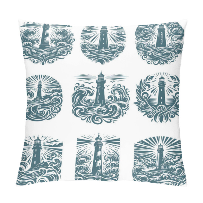 Personality  Graphic Collection Of Nautical Stylized Lighthouses In Stormy Sea Waves Artistic Stencil Design Pillow Covers