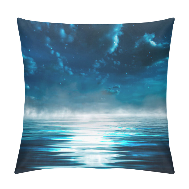 Personality  Night Seascape. Dark Landscape With A Marine Background And Sunset, Moon. Abstract Night Landscape In Blue Light. Reflection Of The Moon In The Night Water. Empty Futuristic Landscape. Pillow Covers