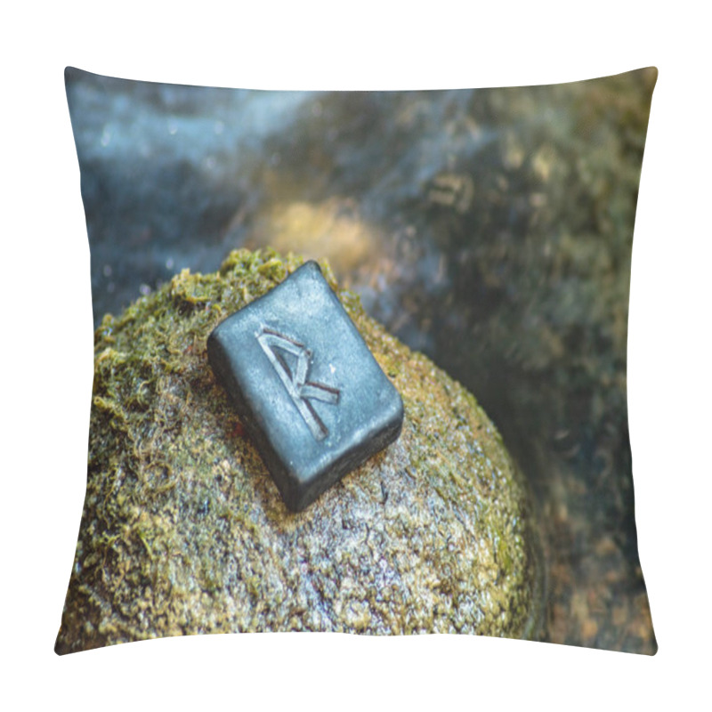 Personality  Norse Rune Raidho On The Stone And The Evening River Background. Traffic, Direction, Path, Vehicle. The Rune Of Order And Legality, It Helps In Judicial And Bureaucratic Cases. Pillow Covers