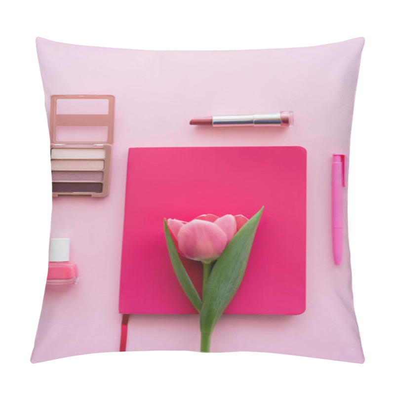 Personality  Top View Of Tulip On Notebook, Pen And Decorative Cosmetics On Pink Pillow Covers