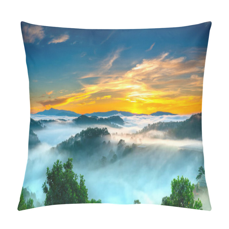 Personality  Sunrise Over Hillside As The Sun Rising From Horizon Reflect Light Bright Yellow Sky. Below Cloudy Mist Covered Valleys Flooded Pine Forests Create Impressive Beauty Highlands In Morning. Pillow Covers