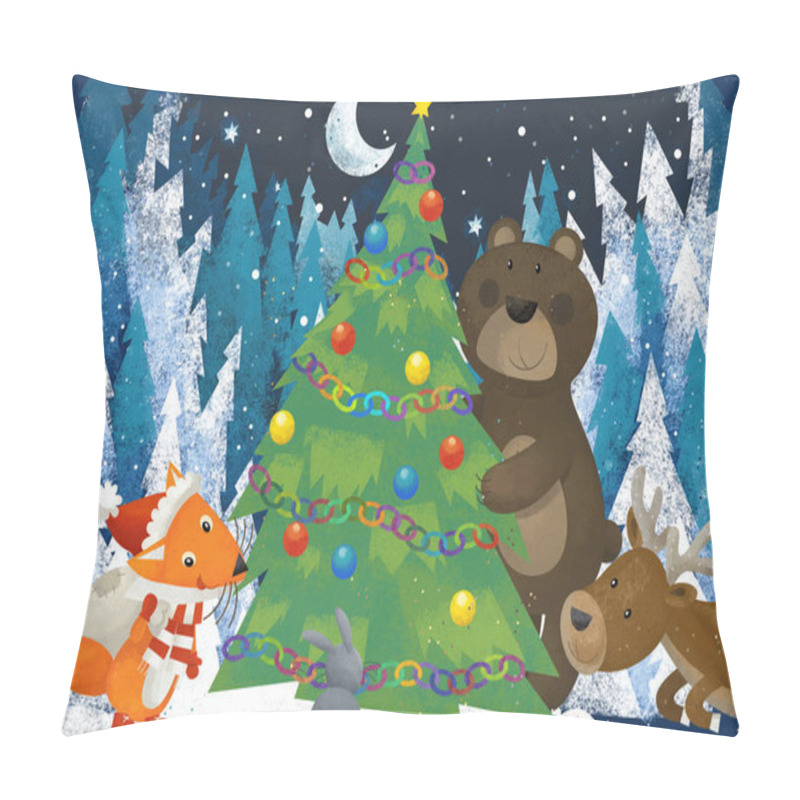 Personality  Winter Scene With Forest Animals Reindeers Bear And Fox Near Christmas Tree - Traditional Scene - Illustration For Children Pillow Covers