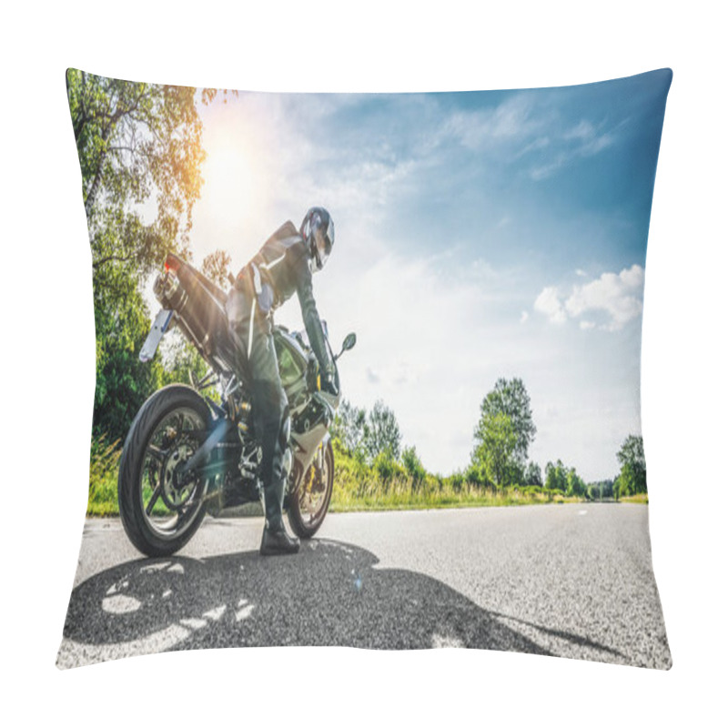 Personality  Motorbike On The Road Riding. Having Fun Driving The Empty Road On A Motorcycle Tour Journey. Copyspace For Your Individual Text. Pillow Covers