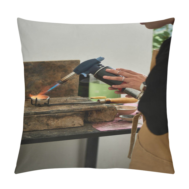 Personality  A Talented Individual Carefully Uses A Torch To Craft Stunning Jewelry At A Vintage Workbench. Pillow Covers