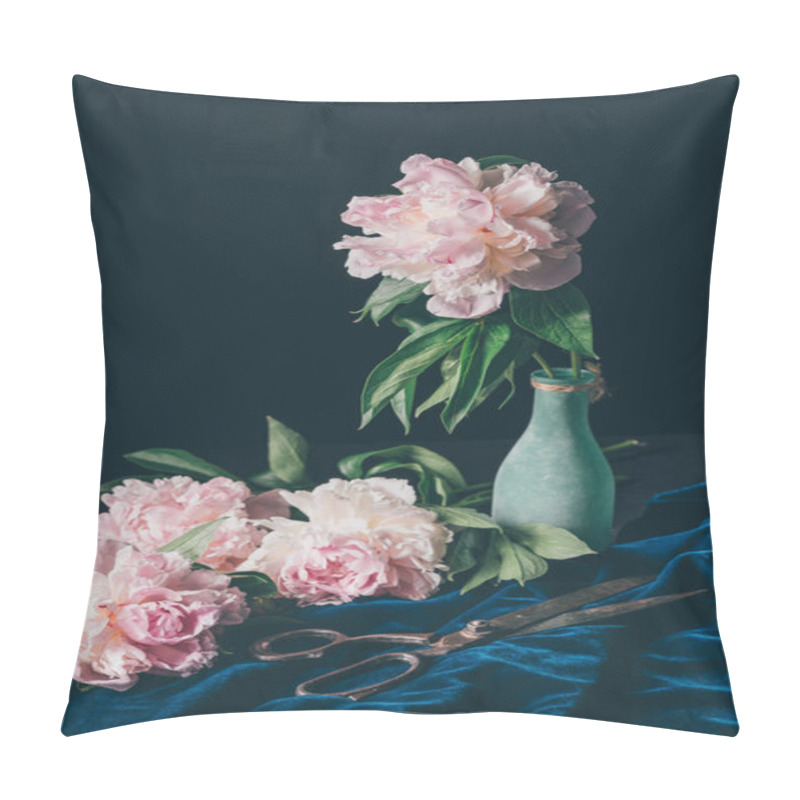 Personality  Bouquet Of Light Pink Peonies In Vase With Scissors On Dark Background Pillow Covers