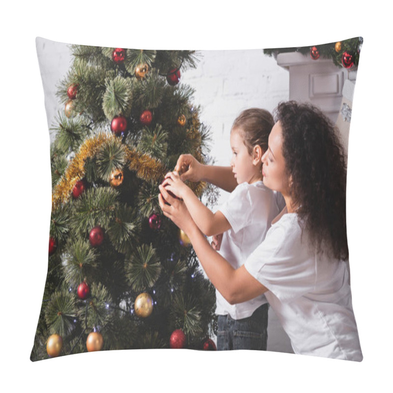 Personality  Side View Of Mom And Daughter Decorating Christmas Pine Near Fireplace At Home Pillow Covers