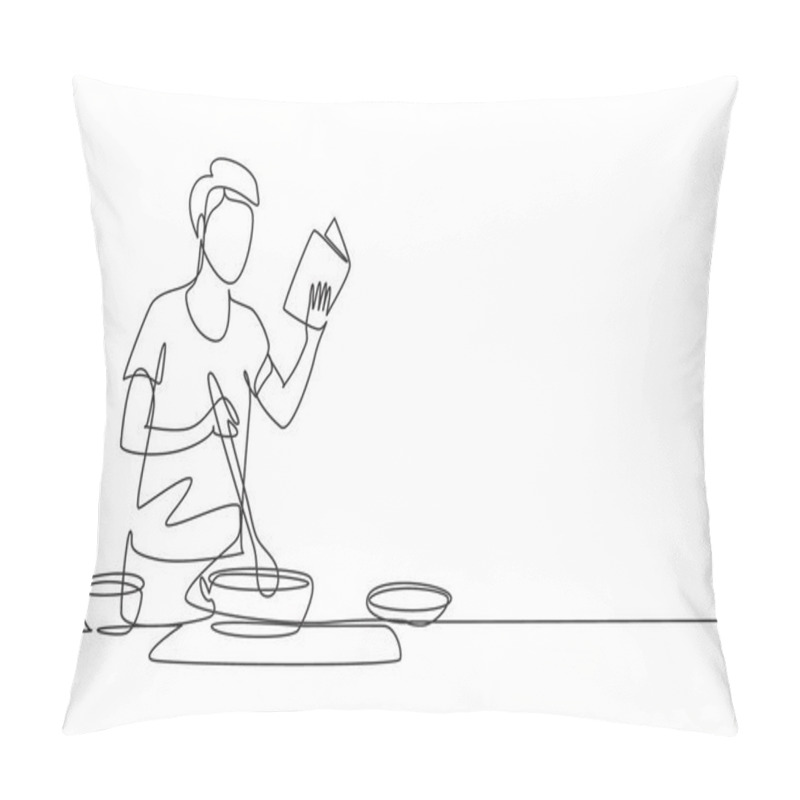 Personality  Single Continuous Line Drawing Young Man Cooking While Reading Book She Is Holding. Healthy Food Lifestyle Concept. Cooking At Home. Prepare Food. One Line Draw Graphic Design Vector Illustration Pillow Covers