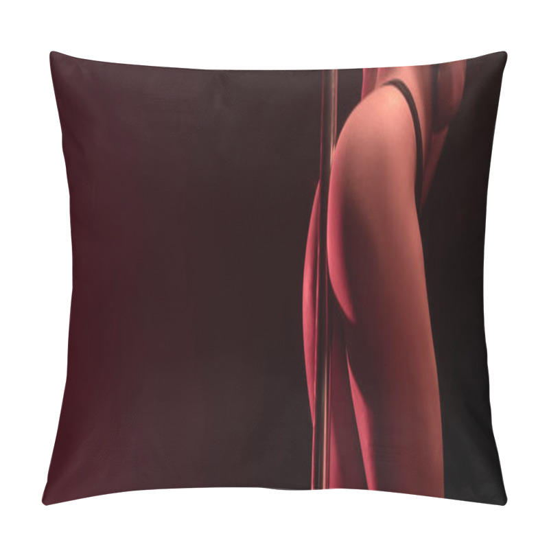 Personality  Panoramic Shot Of Seductive Stripper Dancing Near Pylon On Black With Red Lighting  Pillow Covers